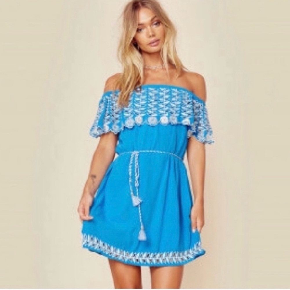 Bright Blue Off-Shoulder Embroidered Mini Dress